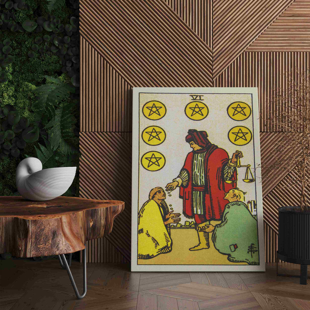 Six of Pentacles Tarot Card Canvas Print | Canvas wall art prints by Wall Nostalgia. Custom canvas prints made in Calgary, canvas wall art canada, tarot cards printing Canada, tarot card art prints, tarot card canvas art, six of pentacles tarot card art, tarot cards canada, tarot card pictures, canvas prints Canada