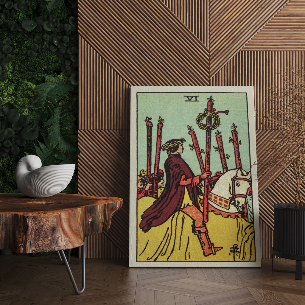 Six of Wands Tarot Card Canvas Print | Canvas wall art prints by Wall Nostalgia. Custom canvas prints made in Calgary, canvas wall art canada, tarot cards printing Canada, six of wands tarot card art print, tarot card canvas art, six of wands tarot card art, tarot cards canada, tarot card pictures, canvas prints Canada
