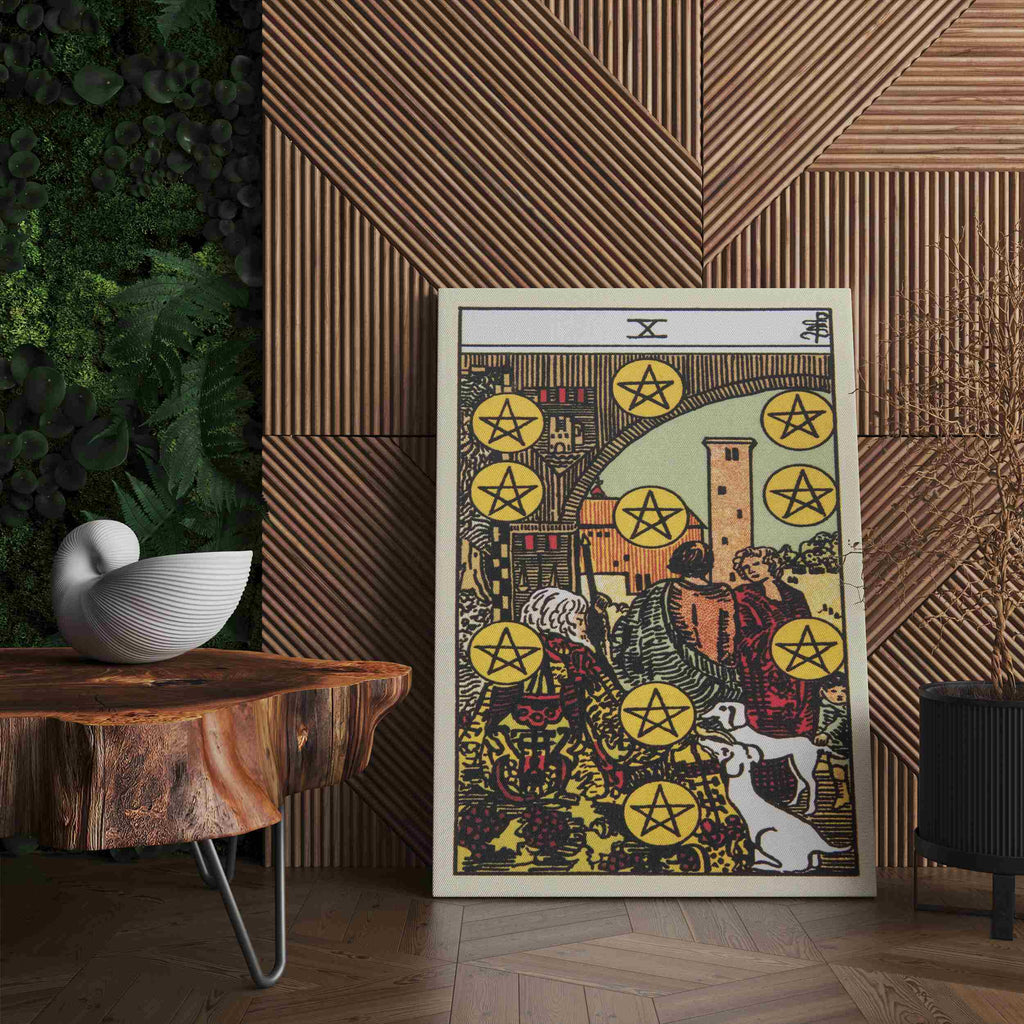 Ten of Pentacles Tarot Card Canvas Print | Canvas wall art prints by Wall Nostalgia. Custom canvas prints made in Calgary, canvas wall art canada, tarot cards printing Canada, ten of pentacles tarot card art prints, tarot card canvas art, tarot card art, tarot cards canada, tarot card pictures, canvas prints Canada