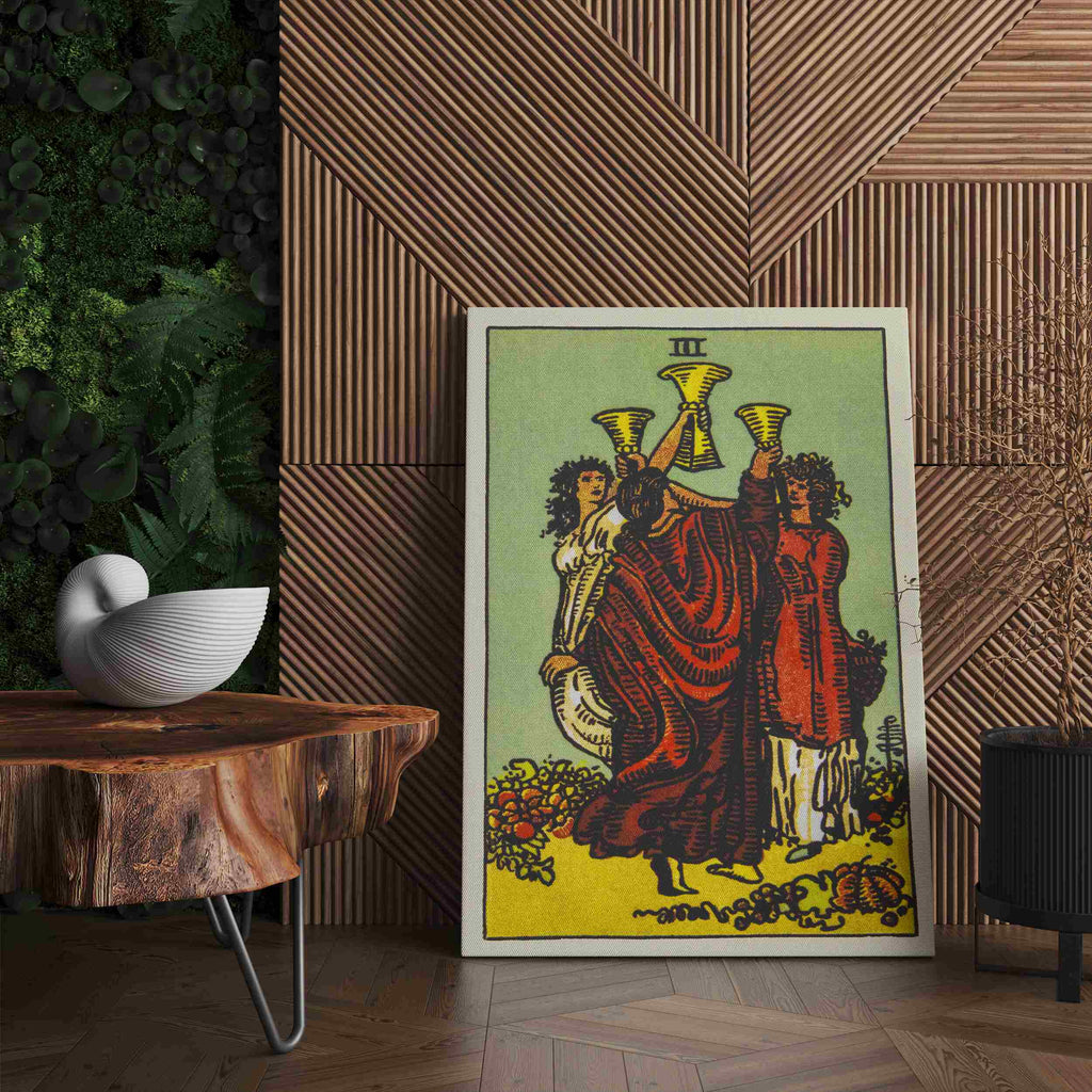 Three of Cups Tarot Card Canvas Print | Canvas wall art by Wall Nostalgia. Custom canvas prints made in Calgary, canvas wall art canada, tarot cards printing Canada, tarot card art prints, three of cups tarot card canvas art, three of cups tarot card art, tarot cards  canada, tarot card pictures, canvas art Canada