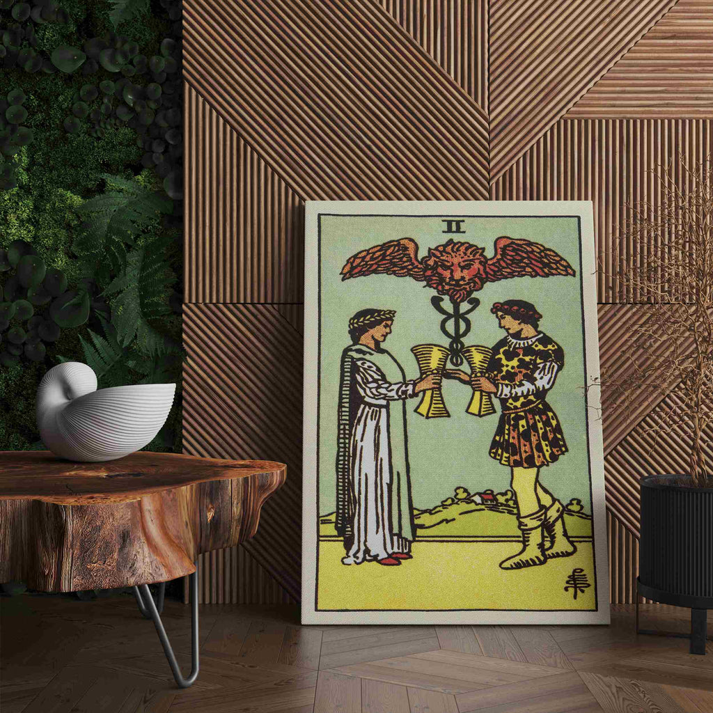 Two of Cups Tarot Card Canvas Print | Canvas wall art prints by Wall Nostalgia. Custom canvas prints made in Calgary, canvas wall art canada, tarot cards printing Canada, tarot card art prints, two of cups tarot card canvas art, two of cups tarot card art, tarot cards canada, tarot card pictures, canvas prints Canada