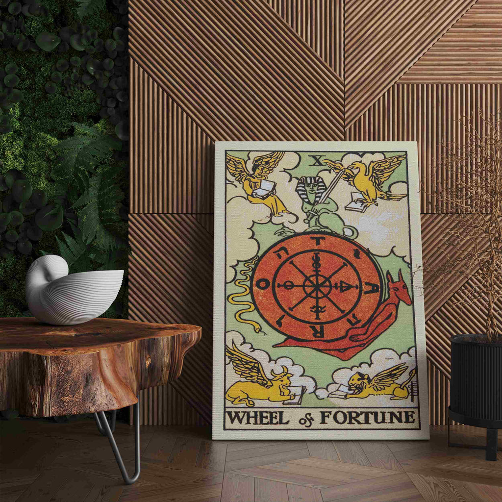 Wheel of Fortune Tarot Card Canvas Print | Canvas wall art prints by Wall Nostalgia. Custom canvas prints made in Calgary, canvas wall art canada, tarot cards printing Canada, tarot card art prints, wheel of fortune tarot card canvas art, tarot card art, tarot cards canada, tarot card pictures, canvas prints Canada