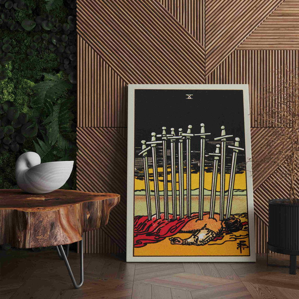 Ten of Swords Tarot Card Canvas Print | Canvas wall art prints by Wall Nostalgia. Custom canvas prints made in Calgary, canvas wall art canada, tarot cards printing Canada, ten of swords tarot card art print, tarot card canvas art, tarot card art, tarot cards canada, tarot card pictures, tarot card canvas prints Canada