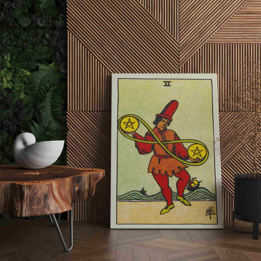 Two of Pentacles Tarot Card Canvas Print | Canvas wall art prints by Wall Nostalgia. Custom canvas prints made in Calgary, canvas wall art canada, tarot cards printing Canada, tarot card art prints, two of pentacles tarot card canvas art, tarot card art, tarot cards canada, tarot card pictures, canvas prints Canada