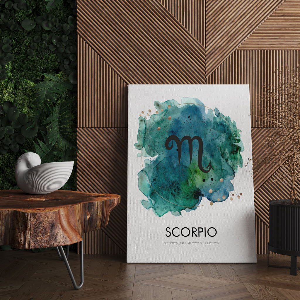 Our customizable zodiac watercolor prints let you create personalized wall art using a birth date and location. Four design styles to choose from: zodiac symbol, zodiac constellation map, realistic, and childish. The zodiac constellation print maps can be ready-to-hang canvas wall art, a framed print, or rolled print.