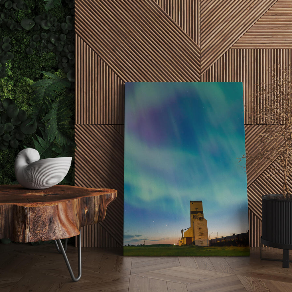 Northern Lights Grain Elevator Canvas Print | Canvas wall art print by Wall Nostalgia. FREE SHIPPING on all orders. Custom Canvas Prints, Made in Calgary, Canada | Large canvas prints, Grain Elevator Print | Northern lights print, Grain Elevator Art Print, Prairie Print, Saskatchewan wall art, Aurora Borealis print