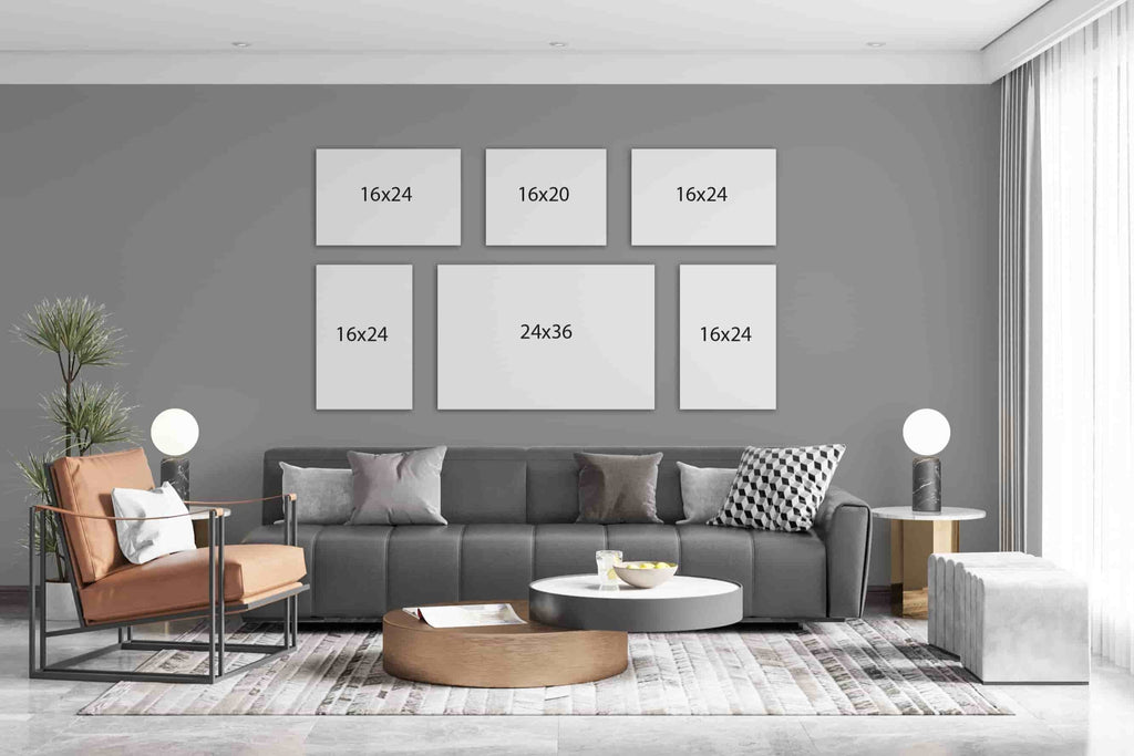 Gallery wall layout ideas from Wall Nostalgia custom canvas printing in Calgary, Alberta, Canada. This gallery wall set of custom canvas prints is made up of a 24x36, four 16x24 custom canvas prints, and one 16x20 canvas print. Create your own custom gallery wall by emailing the images to us and we will size and lay out your gallery wall quickly and easily. Custom canvas photo prints take 1-2 days to complete and ship all throughout North America.