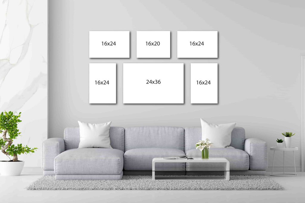 Gallery wall layout ideas from Wall Nostalgia custom canvas printing in Calgary, Alberta, Canada. This gallery wall set of custom canvas prints is made up of a 24x36, four 16x24 custom canvas prints, and one 16x20 canvas print. Create your own custom gallery wall by emailing the images to us and we will size and lay out your gallery wall quickly and easily. Custom canvas photo prints take 1-2 days to complete and ship all throughout North America.