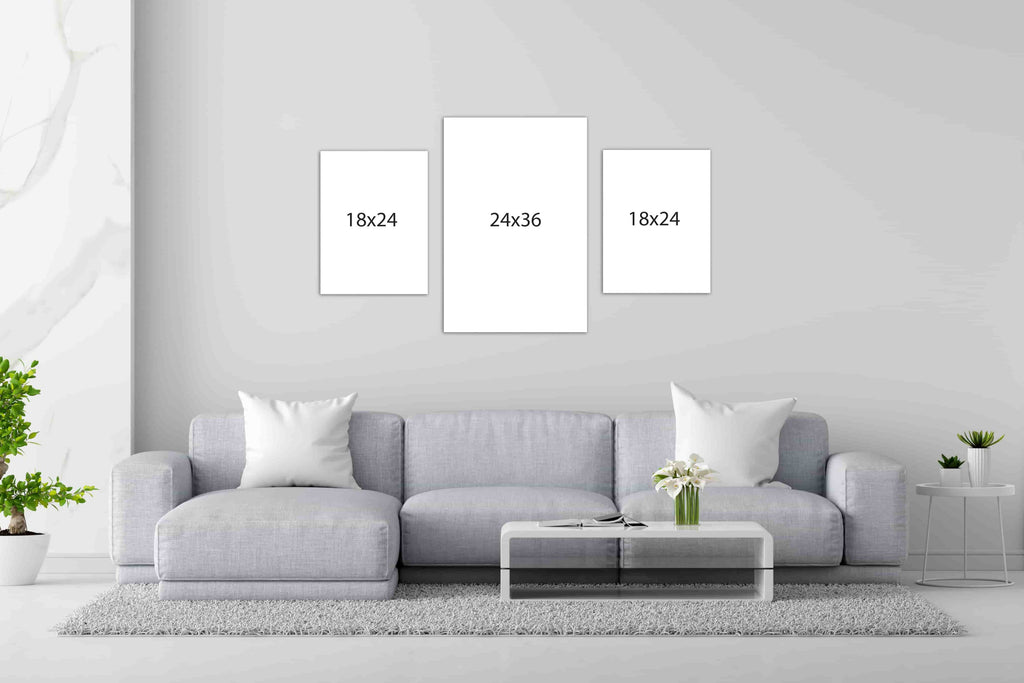 This gallery wall package of custom canvas photo prints is made up of one 24x36 custom photo print and two 18x24 canvas prints laid out create a symmetrical gallery wall display. Wall Nostalgia is a Canadian custom canvas printer and can create custom gallery wall layouts and ideas quickly and easily. Canvas photo prints take 1-2 days to produce and ship anywhere in North America for free. Create your own gallery wall layout today or choose from our various gallery wall ideas and gallery wall layouts.