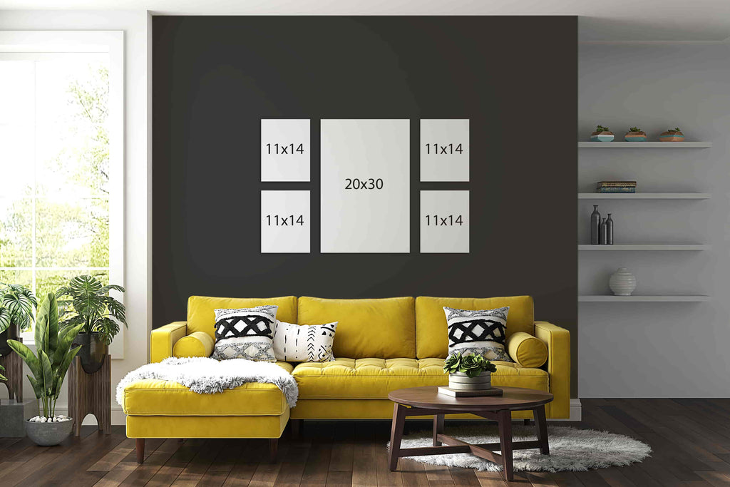 This gallery wall package of custom canvas photo prints is made up of one 20x30 custom photo print and four 11x14 canvas prints laid out create a symmetrical gallery wall display. Wall Nostalgia is a Canadian custom canvas printer and can create custom gallery wall layouts and ideas quickly and easily. Canvas photo prints take 1-2 days to produce and ship anywhere in North America for free. Create your own gallery wall layout today or choose from our various gallery wall ideas and gallery wall layouts.