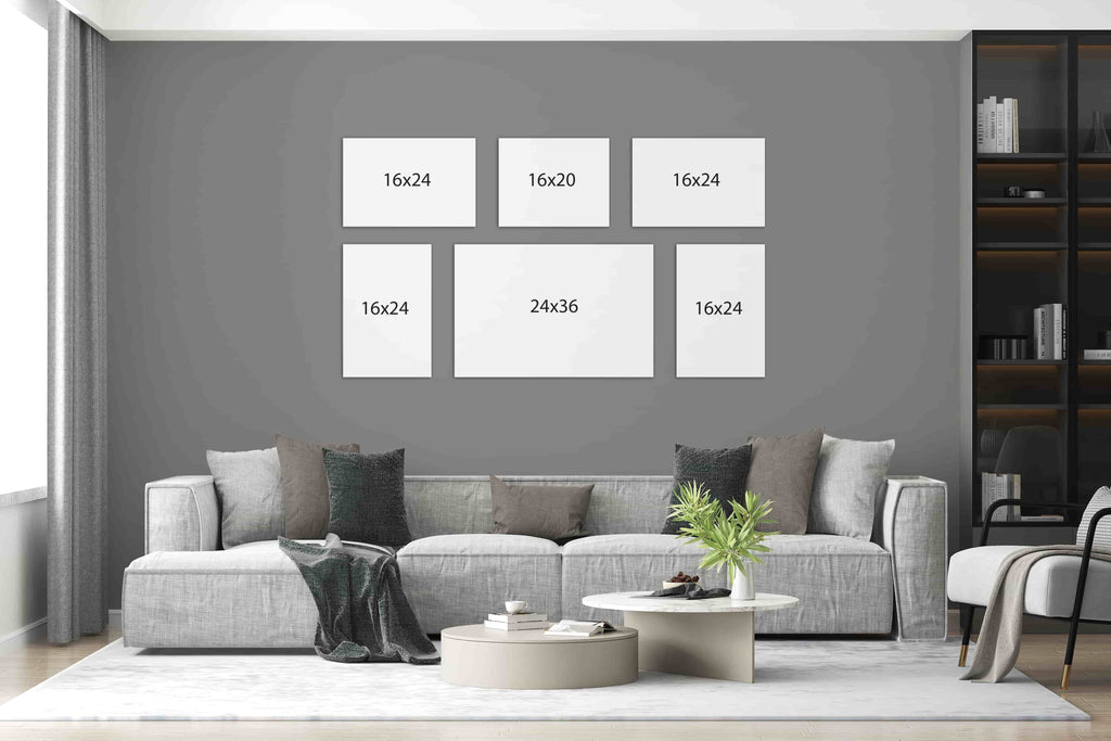 Gallery wall layout ideas from Wall Nostalgia custom canvas printing in Calgary, Alberta, Canada. This gallery wall set of custom canvas prints is made up of a 24x36, four 16x24 custom canvas prints, and one 16x20 canvas print. Create your own custom gallery wall by emailing the images to us and we will size and lay out your gallery wall quickly and easily. Custom canvas photo prints take 1-2 days to complete and ship all throughout North America.