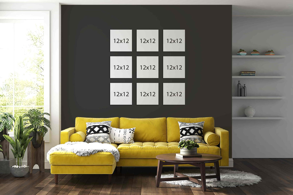 This gallery wall package of custom canvas photo prints is made up of nine 12x12 square custom photo prints laid out create a gallery wall display in an Instagram grid form. Wall Nostalgia is a Canadian custom canvas printer and can create custom gallery wall layouts and ideas quickly and easily. Canvas photo prints take 1-2 days to produce and ship anywhere in North America for free. Create your own gallery wall layout today or choose from our various gallery wall ideas and gallery wall layouts.