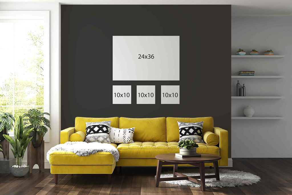 This gallery wall package of custom canvas photo prints is made up of one 24x36 custom photo print and three 10x10 square canvas prints laid out create a gallery wall display. Wall Nostalgia is a Canadian custom canvas printer and can create custom gallery wall layouts and ideas quickly and easily. Canvas photo prints take 1-2 days to produce and ship anywhere in North America for free. Create your own gallery wall layout today or choose from our various gallery wall ideas and gallery wall layouts.