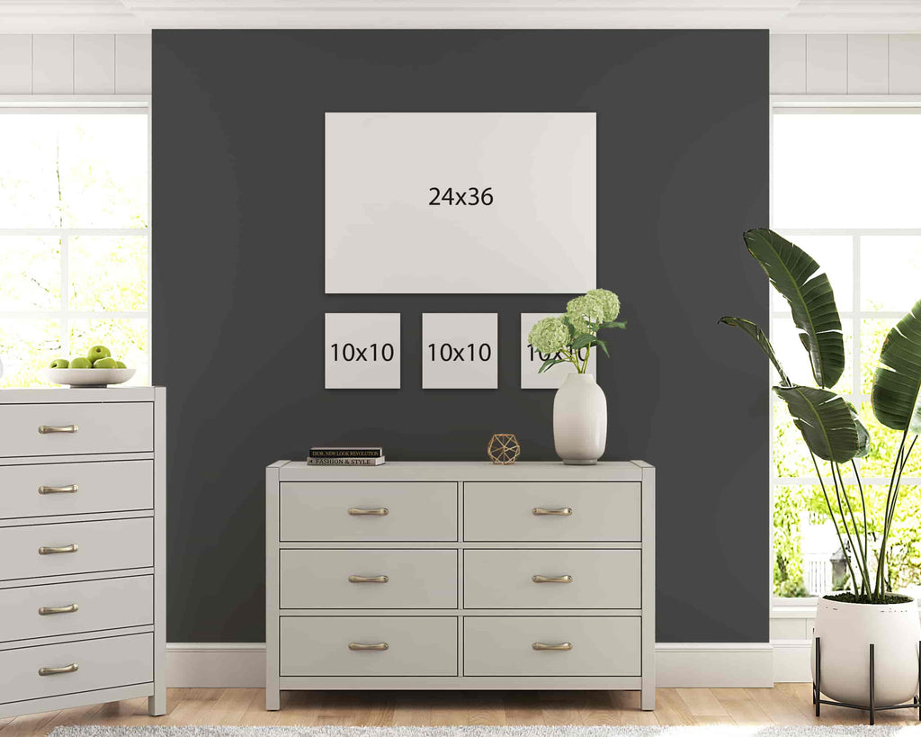 This gallery wall package of custom canvas photo prints is made up of one 24x36 custom photo print and three 10x10 square canvas prints laid out create a gallery wall display. Wall Nostalgia is a Canadian custom canvas printer and can create custom gallery wall layouts and ideas quickly and easily. Canvas photo prints take 1-2 days to produce and ship anywhere in North America for free. Create your own gallery wall layout today or choose from our various gallery wall ideas and gallery wall layouts.