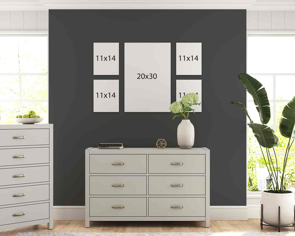 This gallery wall package of custom canvas photo prints is made up of one 20x30 custom photo print and four 11x14 canvas prints laid out create a symmetrical gallery wall display. Wall Nostalgia is a Canadian custom canvas printer and can create custom gallery wall layouts and ideas quickly and easily. Canvas photo prints take 1-2 days to produce and ship anywhere in North America for free. Create your own gallery wall layout today or choose from our various gallery wall ideas and gallery wall layouts.