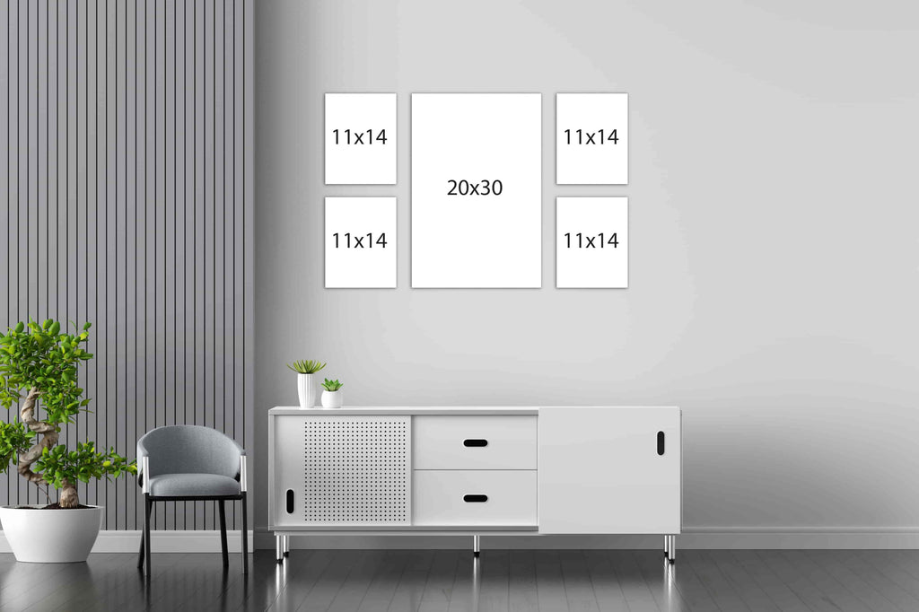 This gallery wall package of custom canvas photo prints is made up of one 20x30 custom photo print and four 11x14 canvas prints laid out create a symmetrical gallery wall display. Wall Nostalgia is a Canadian custom canvas printer and can create custom gallery wall layouts and ideas quickly and easily. Canvas photo prints take 1-2 days to produce and ship anywhere in North America for free. Create your own gallery wall layout today or choose from our various gallery wall ideas and gallery wall layouts.