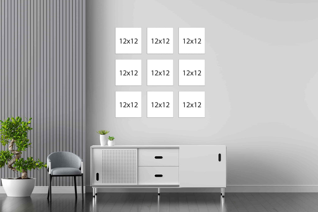 This gallery wall package of custom canvas photo prints is made up of nine 12x12 square custom photo prints laid out create a gallery wall display in an Instagram grid form. Wall Nostalgia is a Canadian custom canvas printer and can create custom gallery wall layouts and ideas quickly and easily. Canvas photo prints take 1-2 days to produce and ship anywhere in North America for free. Create your own gallery wall layout today or choose from our various gallery wall ideas and gallery wall layouts.