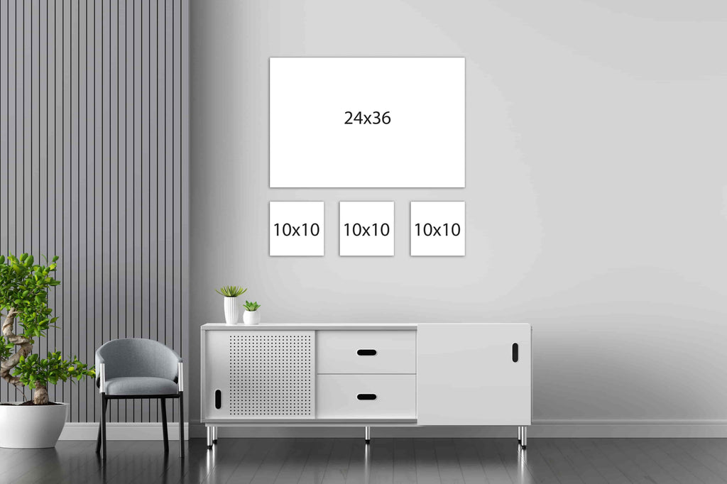 This gallery wall package of custom canvas photo prints is made up of one 24x36 custom photo print and three 10x10 square canvas prints laid out create a gallery wall display. Wall Nostalgia is a Canadian custom canvas printer and can create custom gallery wall layouts and ideas quickly and easily. Canvas photo prints take 1-2 days to produce and ship anywhere in North America for free. Create your own gallery wall layout today or choose from our various gallery wall ideas and gallery wall layouts.