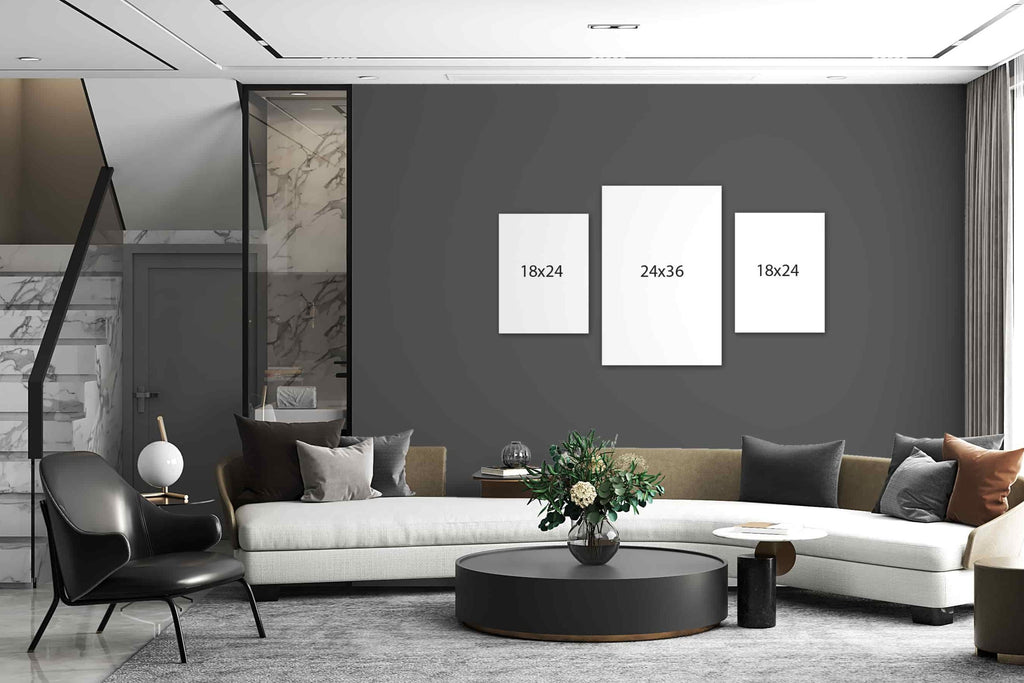 This gallery wall package of custom canvas photo prints is made up of one 24x36 custom photo print and two 18x24 canvas prints laid out create a symmetrical gallery wall display. Wall Nostalgia is a Canadian custom canvas printer and can create custom gallery wall layouts and ideas quickly and easily. Canvas photo prints take 1-2 days to produce and ship anywhere in North America for free. Create your own gallery wall layout today or choose from our various gallery wall ideas and gallery wall layouts.