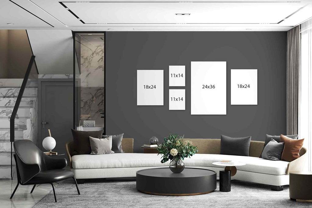 This gallery wall package of custom canvas photo prints is made up of a 24x36 custom canvas print, two 18x24 canvas prints, and two 11x14 canvas photo prints, and all of them laid out create a diamond shaped gallery wall. Wall Nostalgia is a Canadian custom canvas printer and can create custom gallery wall layouts and ideas quickly and easily. Canvas photo prints take 1-2 days to produce and ship anywhere in North America for free. Create your own gallery wall layout today or choose from gallery wall ideas.