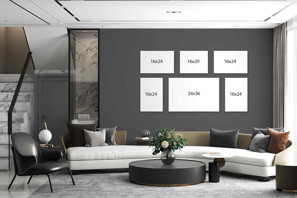Gallery wall layout ideas from Wall Nostalgia custom canvas printing in Calgary, Alberta, Canada. This gallery wall set of custom canvas prints is made up of a 24x36, four 16x24 custom canvas prints, and one 16x20 canvas print. Create your own custom gallery wall by emailing the images to us and we will size and lay out your gallery wall quickly and easily. Custom canvas photo prints take 1-2 days to complete and ship all throughout North America.