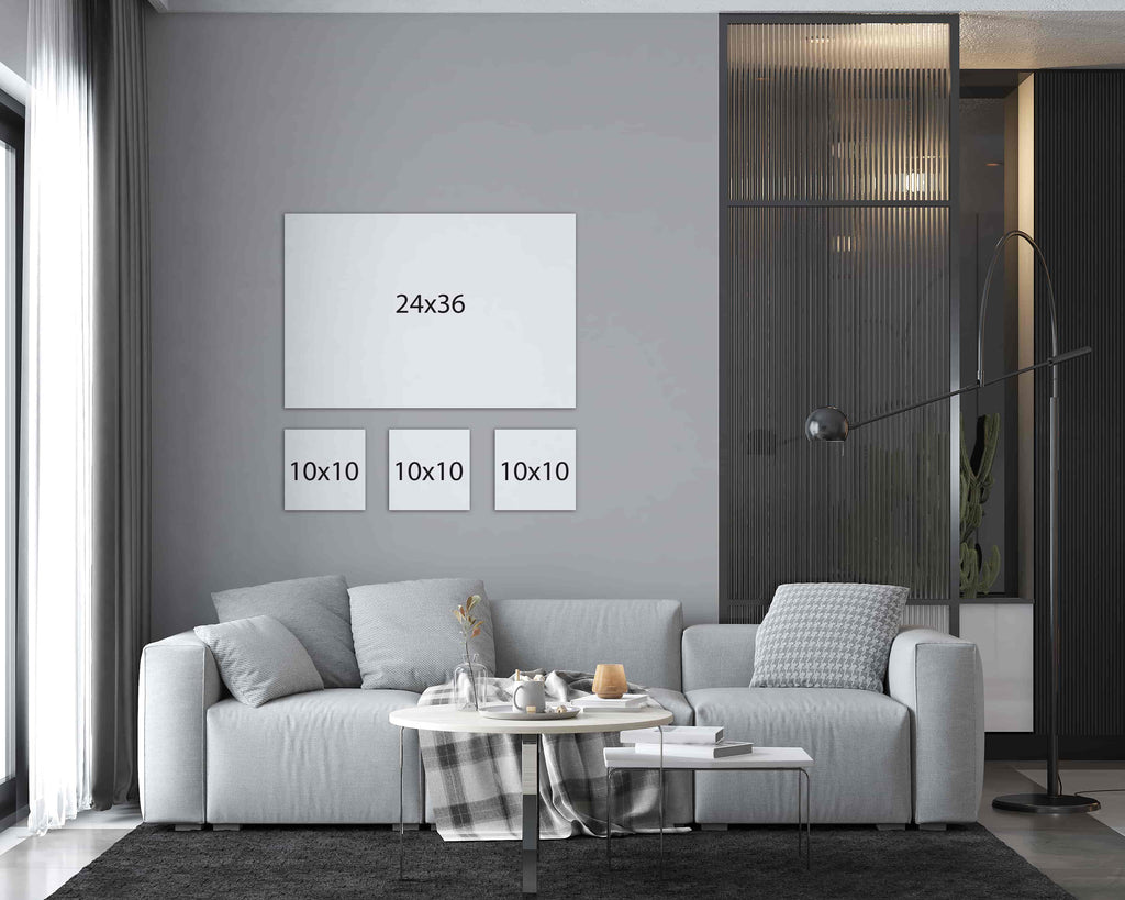 This gallery wall package of custom canvas photo prints is made up of one 24x36 custom photo print and three 10x10 square canvas prints laid out create a gallery wall display. Wall Nostalgia is a Canadian custom canvas printer and can create custom gallery wall layouts and ideas quickly and easily. Canvas photo prints take 1-2 days to produce and ship anywhere in North America for free. Create your own gallery wall layout today or choose from our various gallery wall ideas and gallery wall layouts.