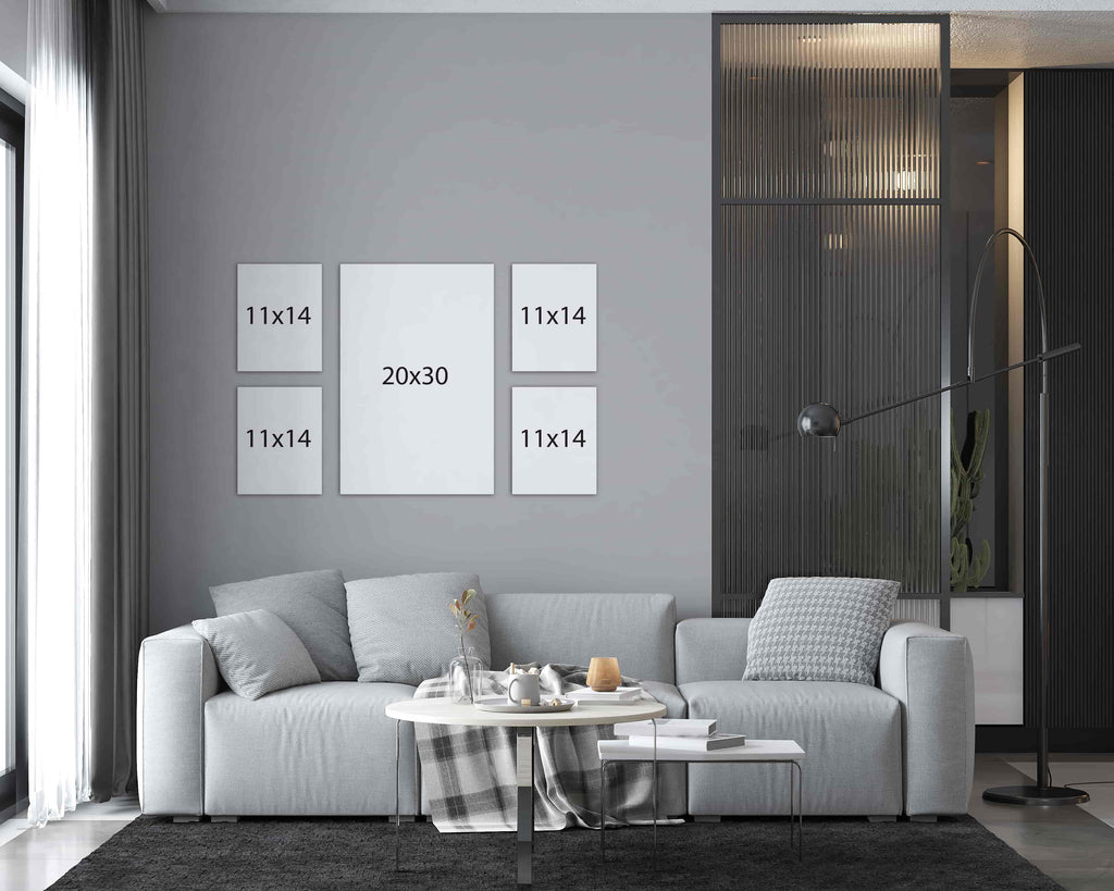 This gallery wall package of custom canvas photo prints is made up of one 20x30 custom photo print and four 11x14 canvas prints laid out create a symmetrical gallery wall display. Wall Nostalgia is a Canadian custom canvas printer and can create custom gallery wall layouts and ideas quickly and easily. Canvas photo prints take 1-2 days to produce and ship anywhere in North America for free. Create your own gallery wall layout today or choose from our various gallery wall ideas and gallery wall layouts.