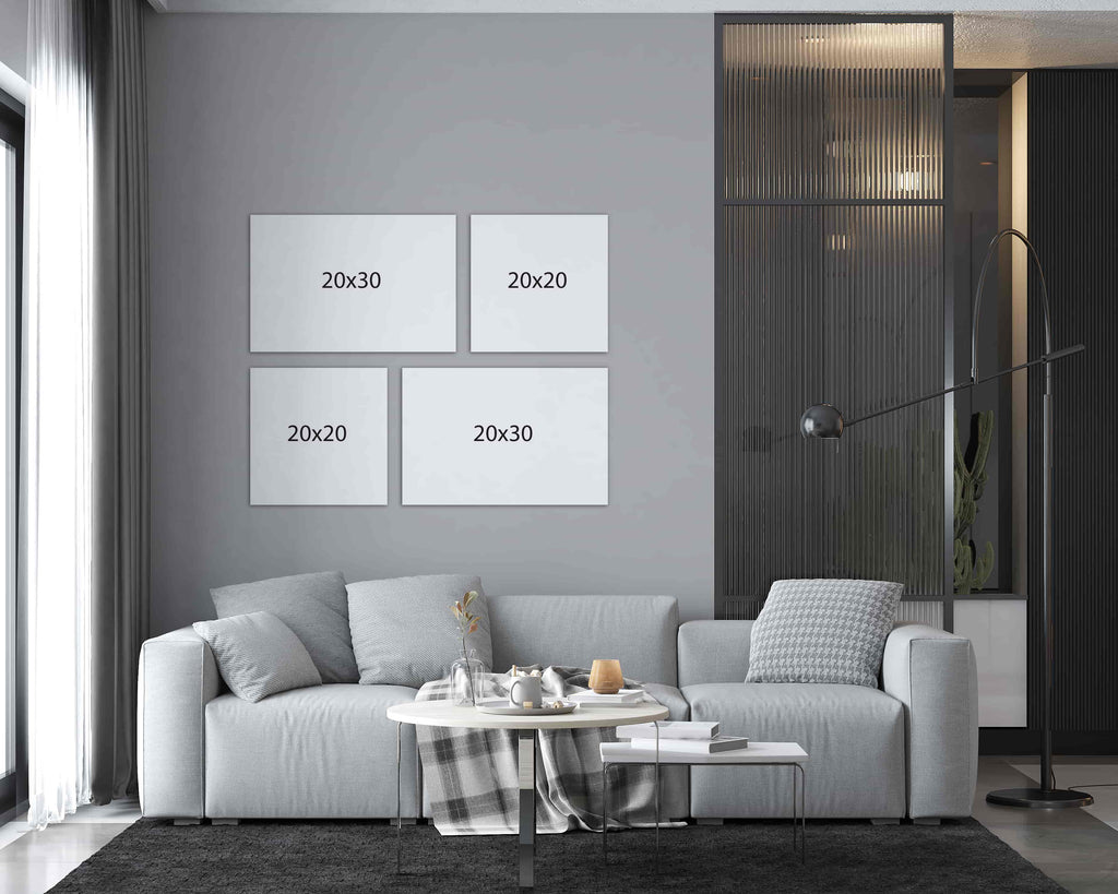 This gallery wall package of custom canvas photo prints is made up of two 20x30 canvas photo prints and  two 20x20 square custom photo prints laid out create a pinwheel layout. Wall Nostalgia is a Canadian custom canvas printer and can create custom gallery wall layouts and ideas quickly and easily. Canvas photo prints take 1-2 days to produce and ship anywhere in North America for free. Create your own gallery wall layout today or choose from our various gallery wall ideas and gallery wall layouts.