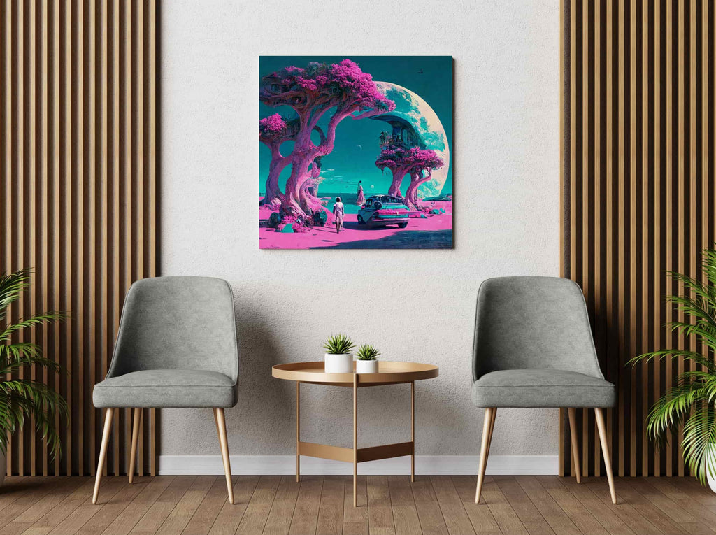 Sci Fi Synthwave Moon Square Canvas Art Print | Canvas wall art print by Wall Nostalgia. Custom Canvas Prints, Made in Calgary, Canada | Large canvas prints, canvas wall art canada, canvas prints canada, canvas art canada, synthwave aestehetic, retrowave art, retrowave aesthetic, vaporwave art, vaporwave aesthetic art