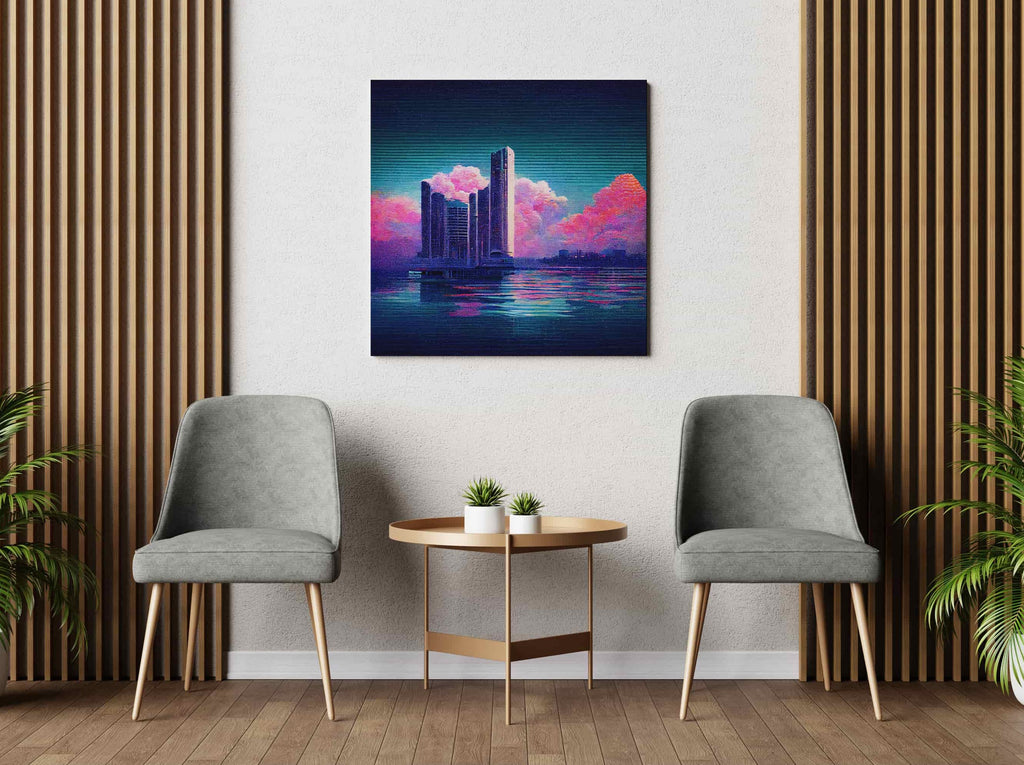 City Made of Dreams Vaporwave Square Canvas Print | Canvas wall art print by Wall Nostalgia. Custom Canvas Prints, Made in Calgary, Canada | Large canvas prints, canvas wall art canada, canvas prints canada, canvas art canada, synthwave aestehetic, retrowave art, retrowave aesthetic, vaporwave art, vaporwave aesthetic