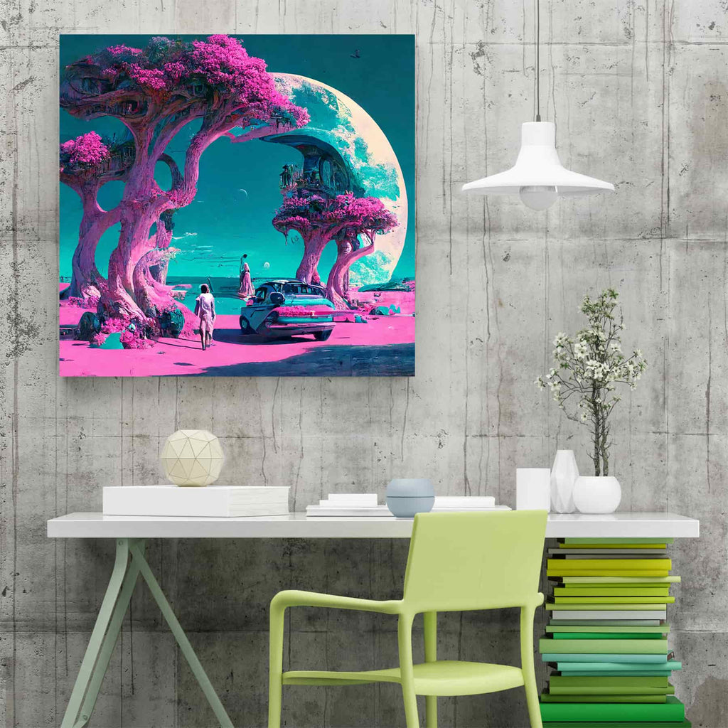 Sci Fi Synthwave Moon Square Canvas Art Print | Canvas wall art print by Wall Nostalgia. Custom Canvas Prints, Made in Calgary, Canada | Large canvas prints, canvas wall art canada, canvas prints canada, canvas art canada, synthwave aestehetic, retrowave art, retrowave aesthetic, vaporwave art, vaporwave aesthetic art