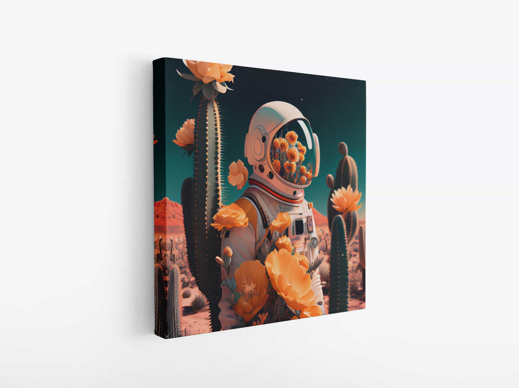 Retro Astronaut Print | Canvas wall art print by Wall Nostalgia. Custom Canvas Prints, Made in Calgary, Canada | Large canvas prints, canvas wall art canada, canvas prints canada, canvas art canada, Retro Wall art prints canada, Retro Astronaut wall art prints, trendy wall art prints canada, flower head wall art prints