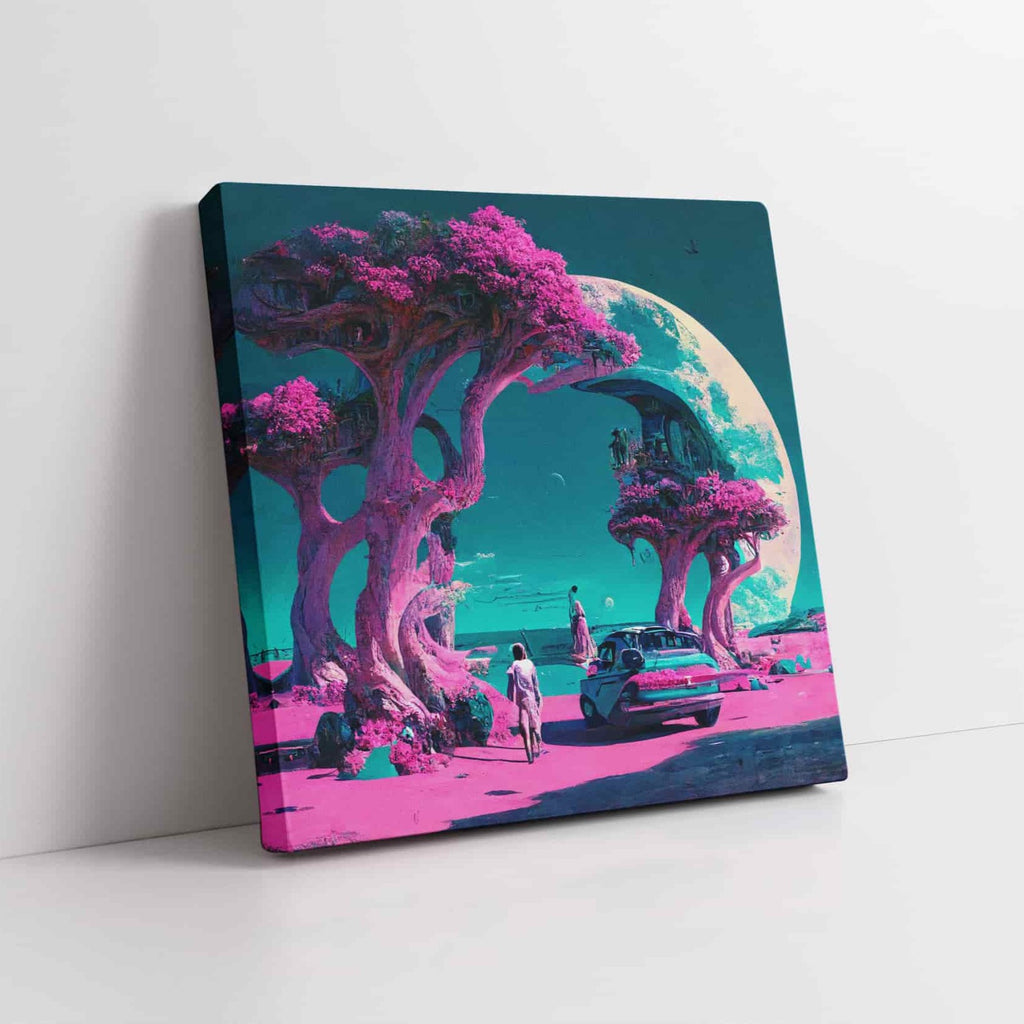 Sci Fi Synthwave Moon Square Canvas Art Print | Canvas wall art print by Wall Nostalgia. Custom Canvas Prints, Made in Calgary, Canada | Large canvas prints, canvas wall art canada, canvas prints canada, canvas art canada, synthwave aestehetic, retrowave art, retrowave aesthetic, vaporwave art, vaporwave aesthetic art