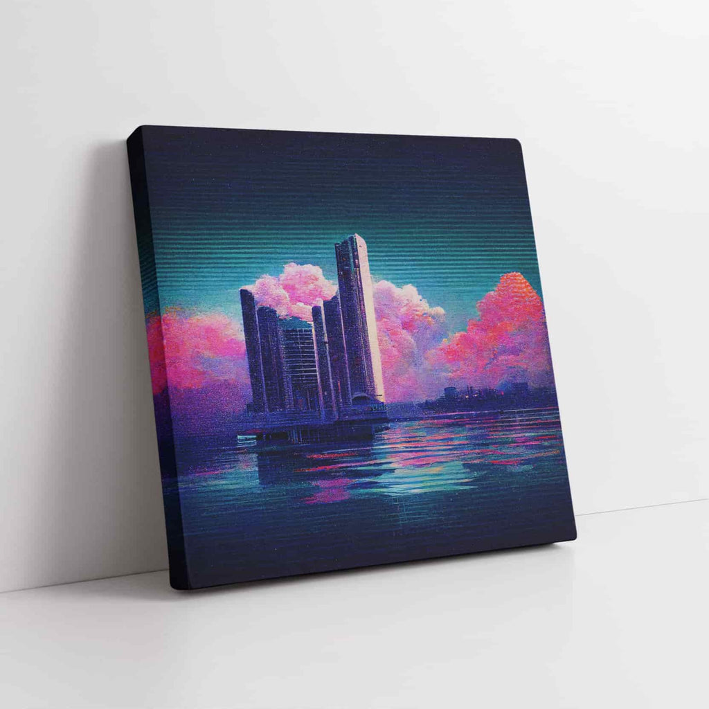 City Made of Dreams Vaporwave Square Canvas Print | Canvas wall art print by Wall Nostalgia. Custom Canvas Prints, Made in Calgary, Canada | Large canvas prints, canvas wall art canada, canvas prints canada, canvas art canada, synthwave aestehetic, retrowave art, retrowave aesthetic, vaporwave art, vaporwave aesthetic