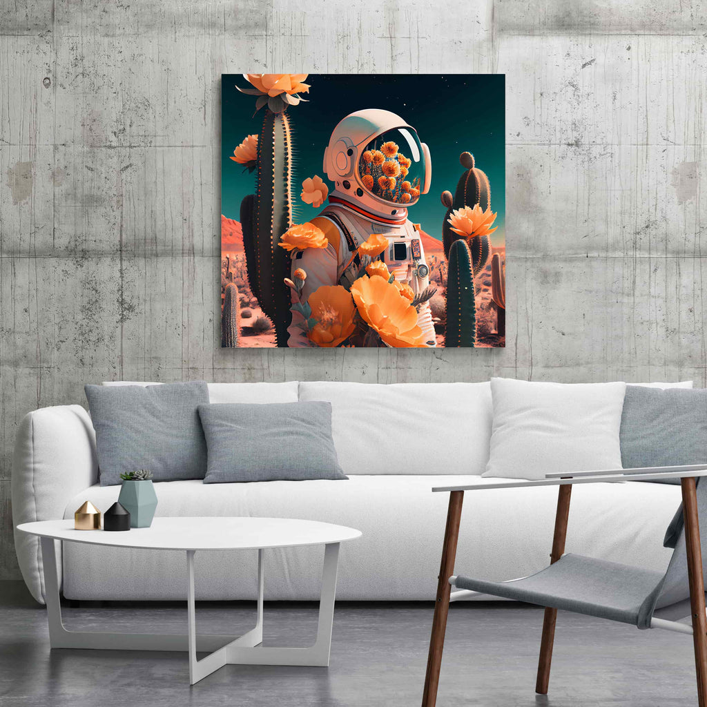 Retro Astronaut Print | Canvas wall art print by Wall Nostalgia. Custom Canvas Prints, Made in Calgary, Canada | Large canvas prints, canvas wall art canada, canvas prints canada, canvas art canada, Retro Wall art prints canada, Retro Astronaut wall art prints, trendy wall art prints canada, flower head wall art prints