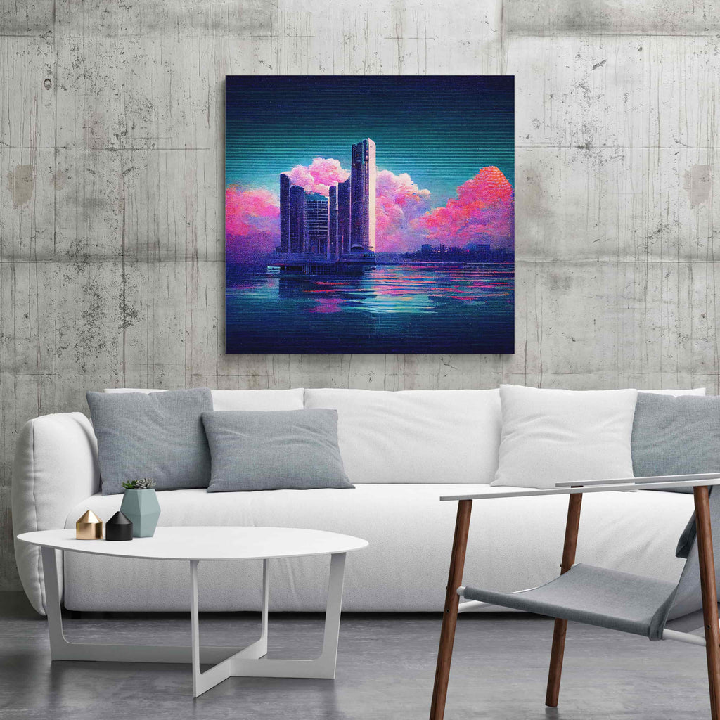 City Made of Dreams Vaporwave Square Canvas Print | Canvas wall art print by Wall Nostalgia. Custom Canvas Prints, Made in Calgary, Canada | Large canvas prints, canvas wall art canada, canvas prints canada, canvas art canada, synthwave aestehetic, retrowave art, retrowave aesthetic, vaporwave art, vaporwave aesthetic