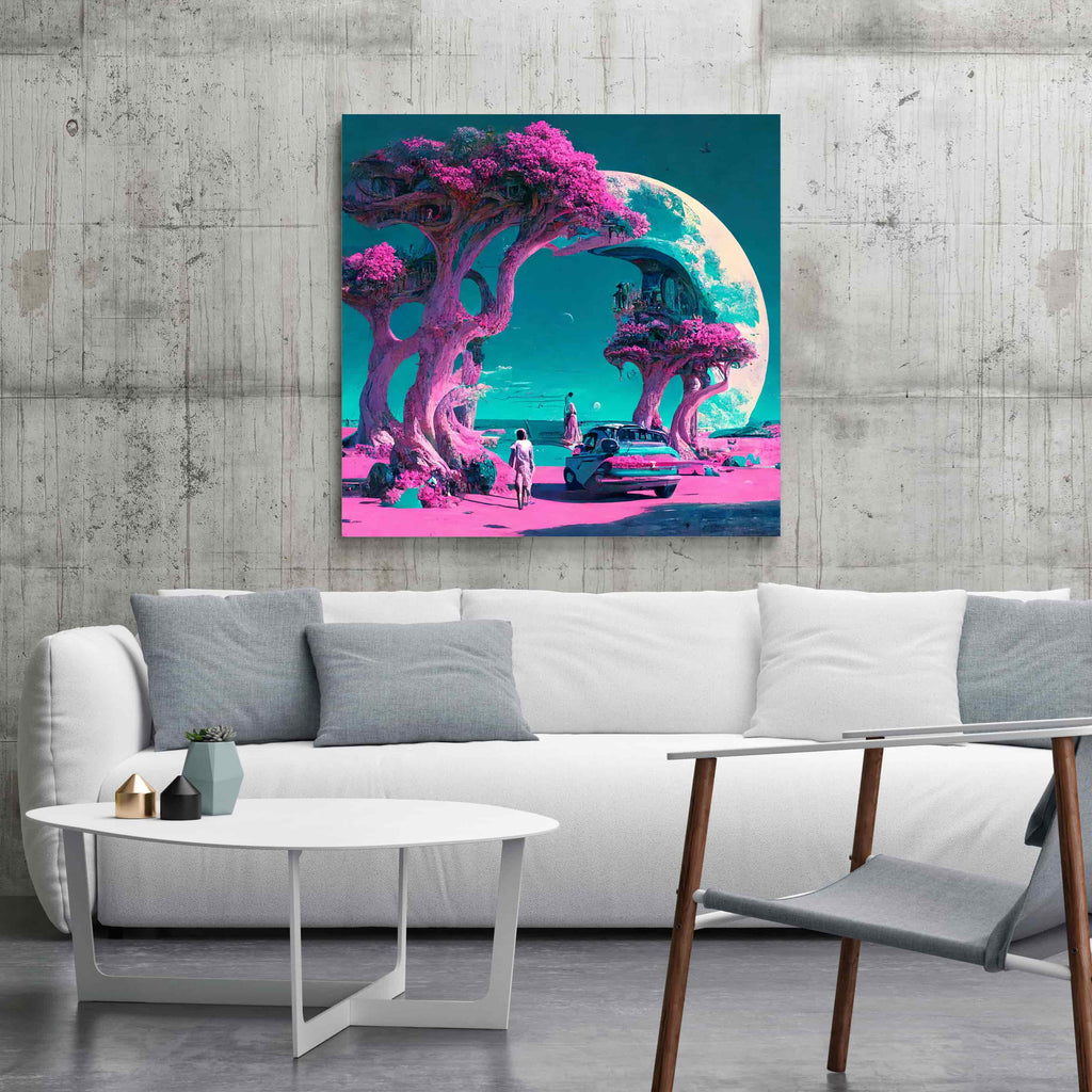 Sci Fi Synthwave Moon Square Canvas Art Print | Canvas wall art print by Wall Nostalgia. Custom Canvas Prints, Made in Calgary, Canada | Large canvas prints, canvas wall art canada, canvas prints canada, canvas art canada, synthwave aestehetic, retrowave art, retrowave aesthetic, vaporwave art, vaporwave aesthetic art