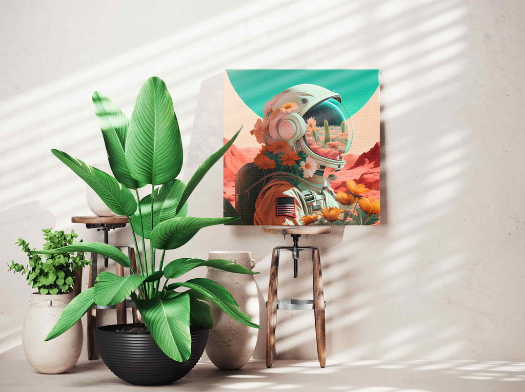 Flower Astronaut Print | Canvas wall art print by Wall Nostalgia. Custom Canvas Prints, Made in Calgary, Canada | Large canvas prints, canvas wall art canada, canvas prints canada, canvas art canada, trendy wall art prints, feminine wall art prints, astronaut wall art, astronaut canvas art, flower head wall art prints