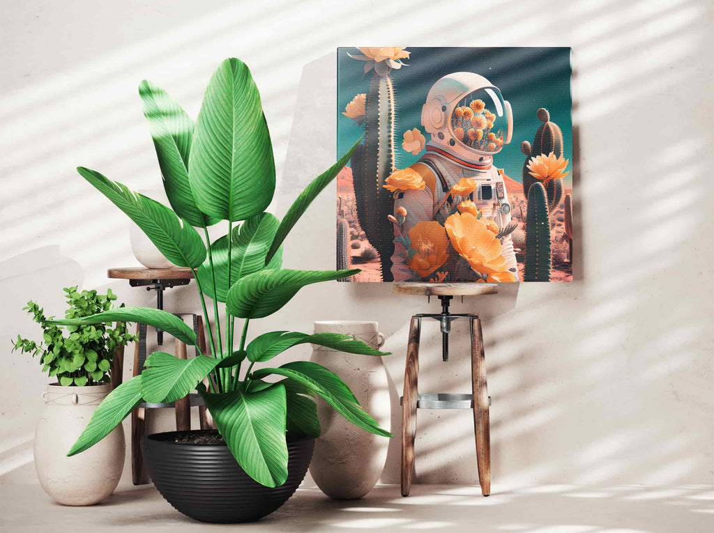 Retro Astronaut Print | Canvas wall art print by Wall Nostalgia. Custom Canvas Prints, Made in Calgary, Canada | Large canvas prints, canvas wall art canada, canvas prints canada, canvas art canada, Retro Wall art prints canada, Retro Astronaut wall art prints, trendy wall art prints canada, flower head wall art prints