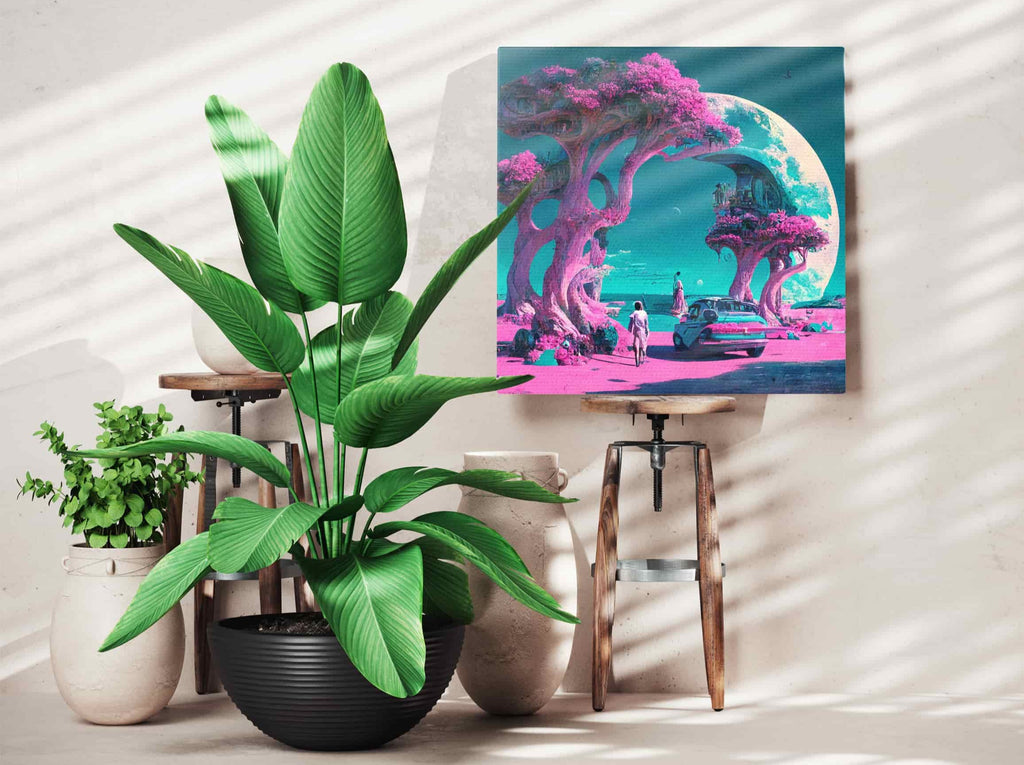 Sci Fi Synthwave Moon Square Canvas Art Print | Canvas wall art print by Wall Nostalgia. Custom Canvas Prints, Made in Calgary, Canada | Large canvas prints, canvas wall art canada, canvas prints canada, canvas art canada, synthwave aestehetic, retrowave art, retrowave aesthetic, vaporwave art, vaporwave aesthetic art