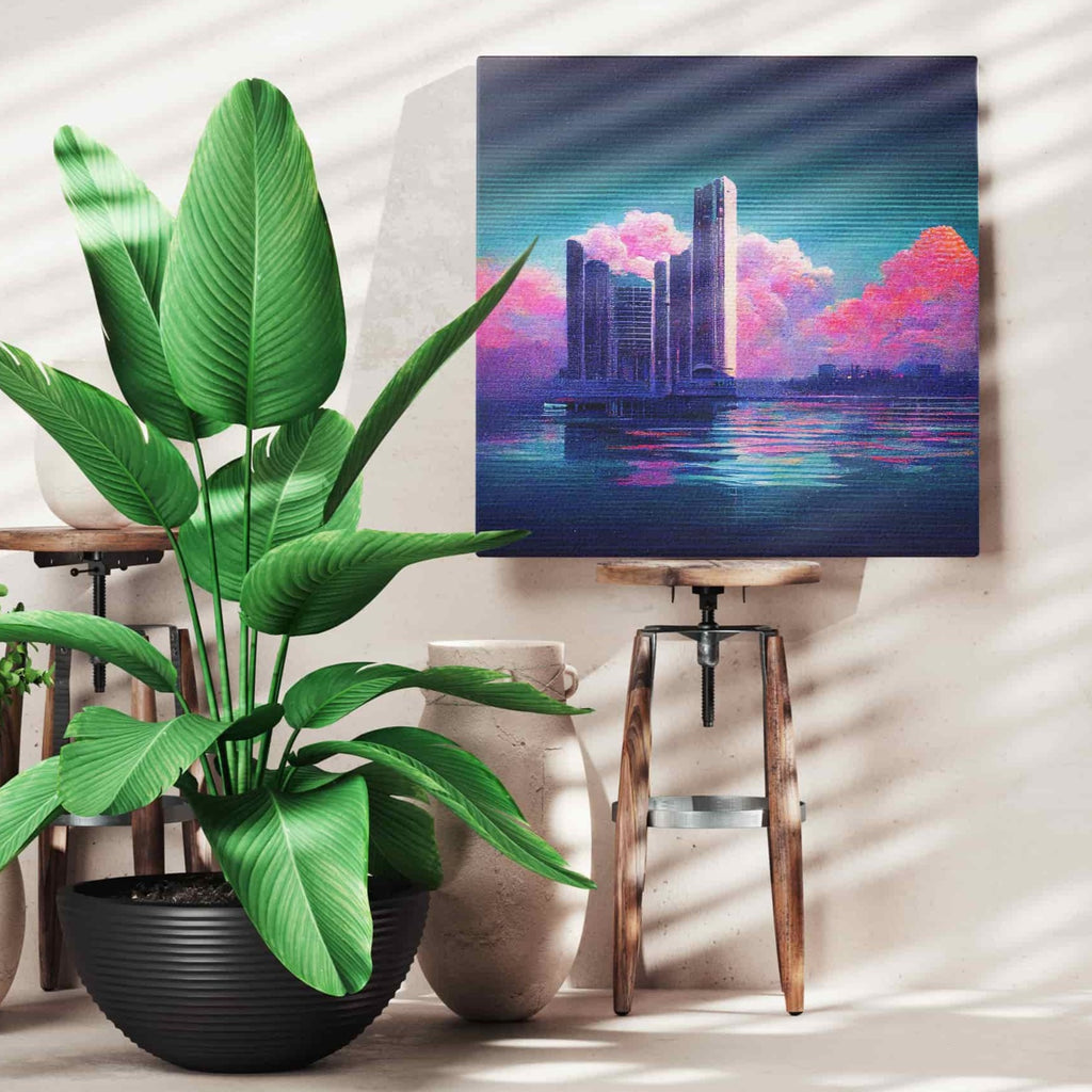 City Made of Dreams Vaporwave Square Canvas Print | Canvas wall art print by Wall Nostalgia. Custom Canvas Prints, Made in Calgary, Canada | Large canvas prints, canvas wall art canada, canvas prints canada, canvas art canada, synthwave aestehetic, retrowave art, retrowave aesthetic, vaporwave art, vaporwave aesthetic