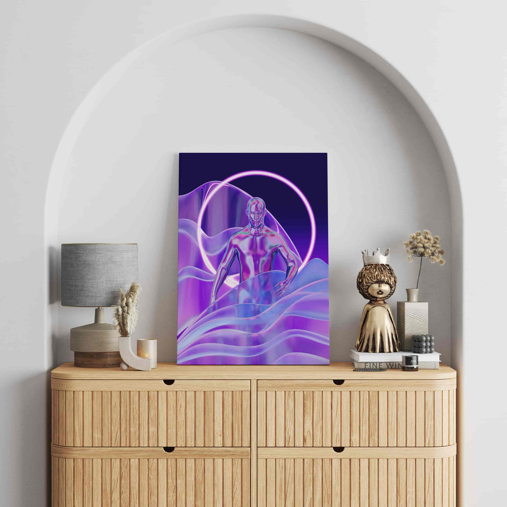 Holograph Man Synthwave Canvas Art Print | Canvas wall art print by Wall Nostalgia. Custom Canvas Prints, Made in Calgary, Canada | Large canvas prints, framed canvas prints, retrowave prints, Synthwave Holographic Art Print, Synthwave Canvas, Synthwave Art, Vaporwave Print, Vaporwave Wall Art, Vaporwave Canvas Art