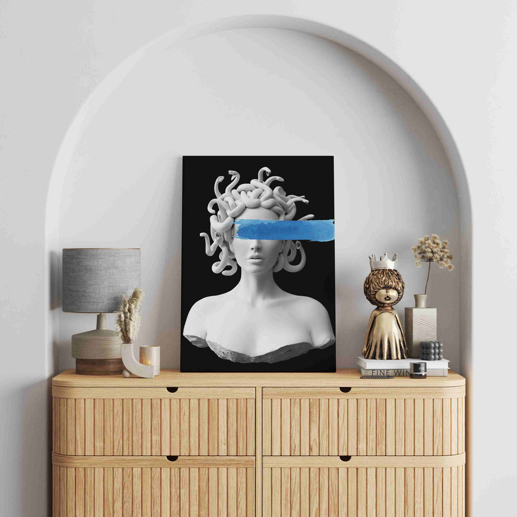 Medusa Canvas Art Print | Canvas wall art print by Wall Nostalgia. Custom Canvas Prints, Made in Calgary, Canada | Large canvas prints, Medusa Art Prints, Medusa Wall Art Prints Canada, trendy wall art prints canada, canvas wall art canada, medusa statue art print, mythology wall art, mythological wall art prints 
