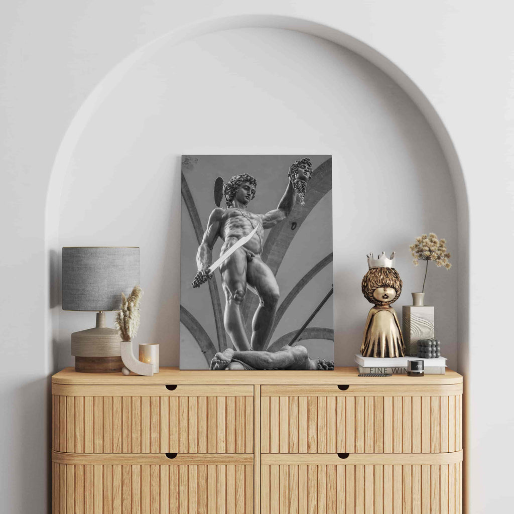 Perseus Print | Canvas wall art print by Wall Nostalgia. Custom Canvas Prints, Made in Calgary, Canada | Large canvas prints, framed canvas prints, Perseus and Medusa Canvas Print | Black and White Perseus Art Print, Greek Statue Wall Art, Greek Statue Print, Greek Art Print, Greek Print, Perseus and Medusa Wall Art