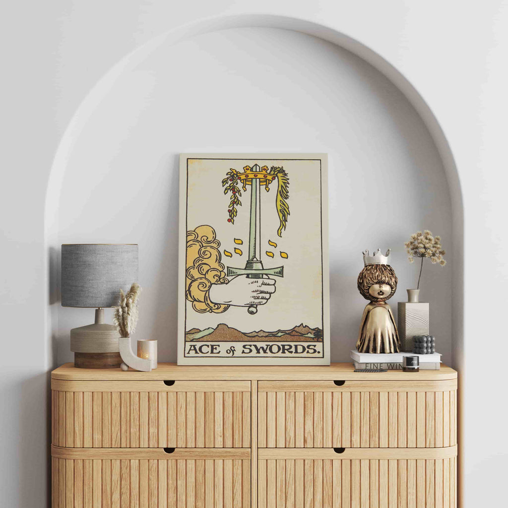 Ace of Swords Tarot Card Art Print | Canvas wall art print by Wall Nostalgia. Custom Canvas Prints, Made in Calgary, Canvas wall art canada, Tarot Cards Printing Canada, Tarot Card Art Prints, Tarot Card canvas art, tarot card art, Tarot Cards Canada, Tarot Card Pictures, canvas prints canada, Ace of Swords Tarot Card 