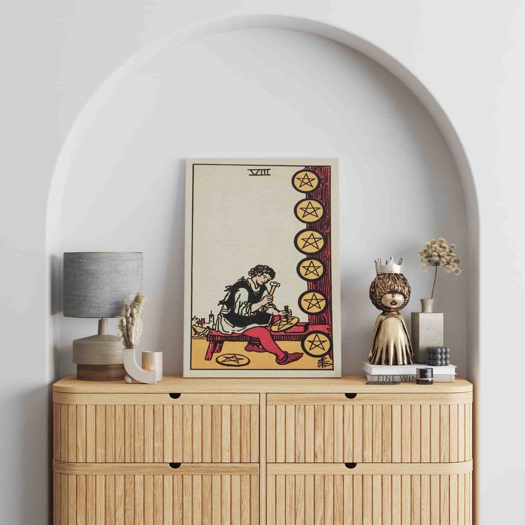 Eight of Pentacles Art Print | Canvas wall art print by Wall Nostalgia. Custom Canvas Prints, Made in Calgary, Canvas wall art canada, Tarot Cards Printing Canada, Tarot Card Art Prints, Tarot Card canvas art, tarot card art, Tarot Cards Canada, Tarot Card Pictures, canvas prints canada, eight of pentacles tarot card