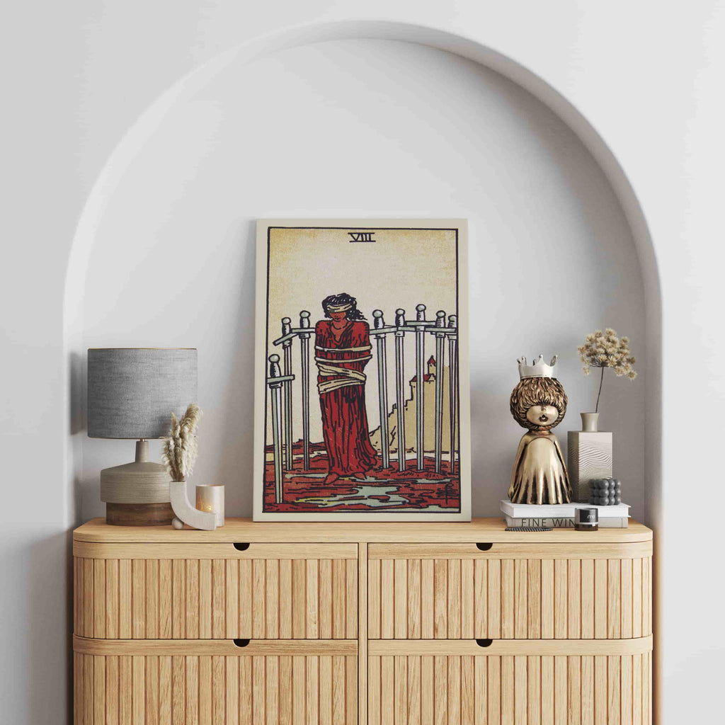 Eight of Swords Tarot Card Art Print | Canvas wall art print by Wall Nostalgia. Custom Canvas Prints, Made in Calgary, Canvas wall art canada, Tarot Cards Printing Canada, Tarot Card Art Prints, Tarot Card canvas art, tarot card art, Tarot Cards Canada, Tarot Card Pictures, canvas prints canada, Eight of Swords Tarot 