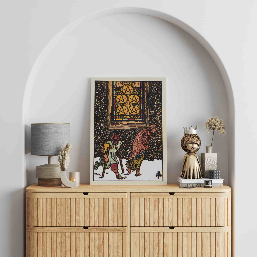 Five of Pentacles Tarot Card Art Print | Canvas wall art print by Wall Nostalgia. Custom Canvas Prints, Made in Calgary, Canvas wall art canada, Tarot Cards Printing Canada, Tarot Card Art Prints, Tarot Card canvas art, tarot card art, Tarot Cards Canada,  five of pentacles Tarot Card Pictures, canvas prints canada