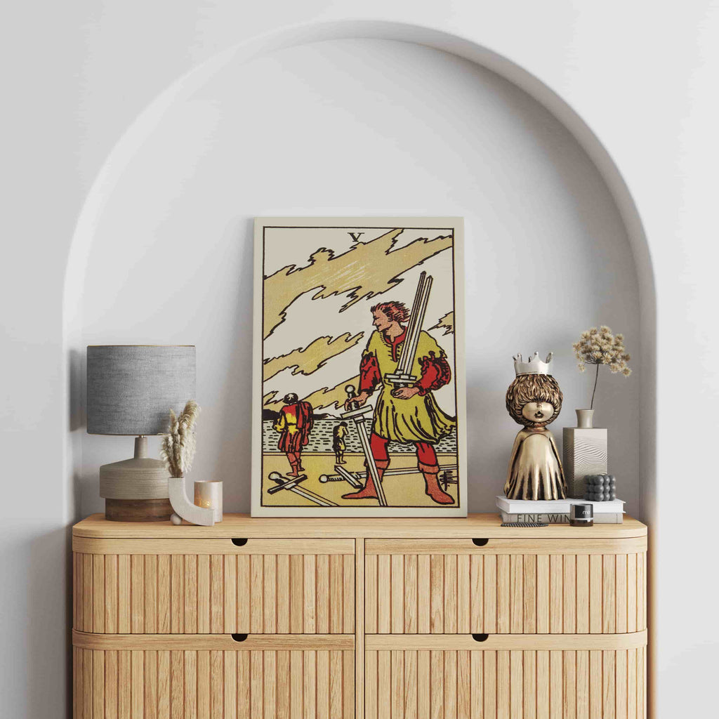 Five of Swords Tarot Card Art Print | Canvas wall art print by Wall Nostalgia. Custom Canvas Prints, Canvas wall art canada, Tarot Cards Printing Canada, Tarot Card Art Prints, five of swords Tarot Card canvas art, five of swords tarot card art, Tarot Cards Canada, Tarot Card Pictures, canvas prints calgary canada