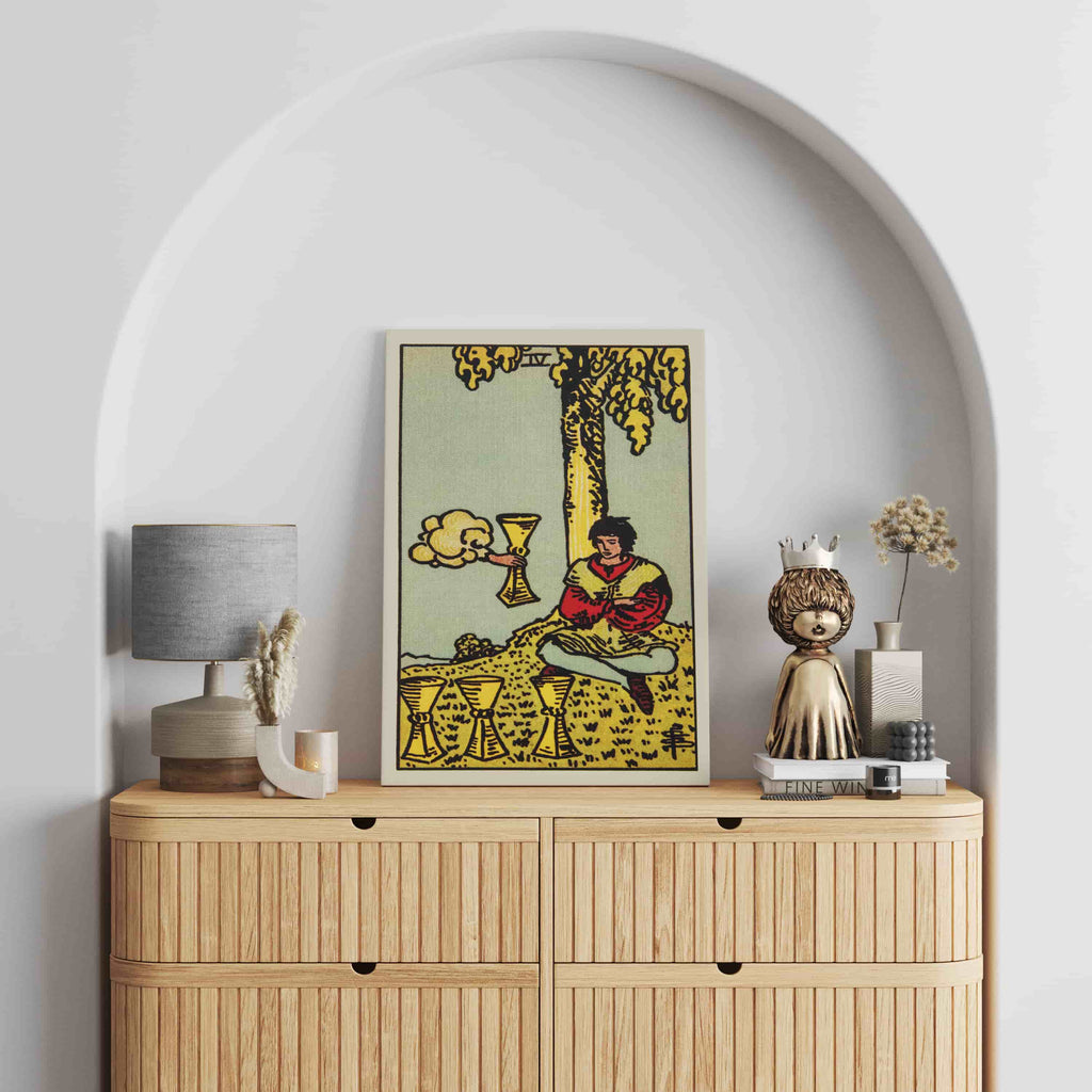 Four of Cups Tarot Card Art Print | Canvas wall art print by Wall Nostalgia. Custom Canvas Prints, Canvas wall art canada, Tarot Cards Printing Canada, Tarot Card Art Prints, Tarot Card canvas art, tarot card art, Tarot Cards Canada, Tarot Card Pictures, canvas prints Canada, four of cups tarot card wall art prints
